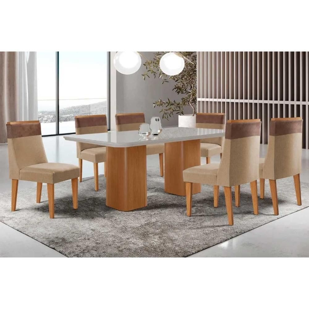 Conjunto: Mesa de Cozinha Maldivas c/ Tampo Madeirado c/ Vidro Canto Curvo 180x90cm e 6 Cadeiras Jaspe Naturale/Off White - Linho Bege - Rufato