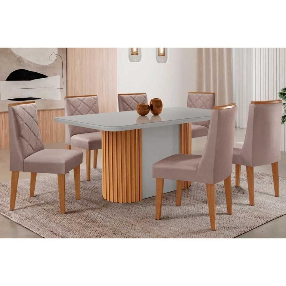 Conjunto: Mesa de Cozinha Pilar c/ Tampo Madeirado c/ Vidro Canto Curvo 180x90cm e 6 Cadeiras Pietá Naturale/Off White - Linho Capuccino - Rufato