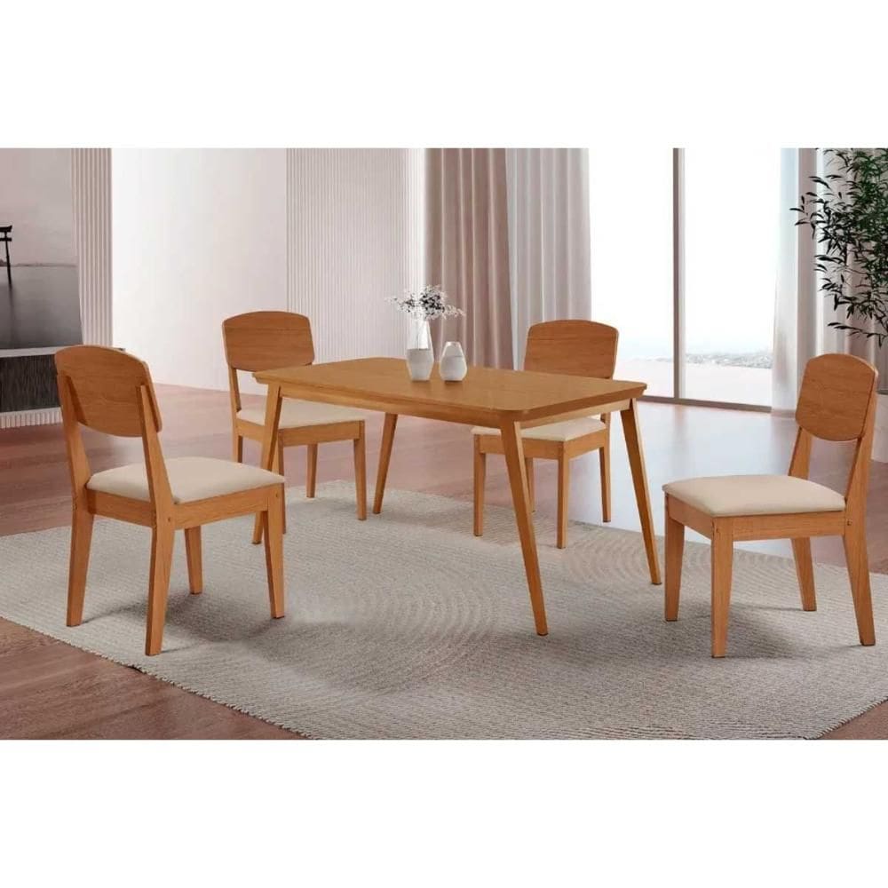 Conjunto: Mesa de Cozinha Havana c/ Tampo Madeirado Canto Curvo 120x80cm e 4 Cadeiras Havana Naturale - Suede Creme - Rufato