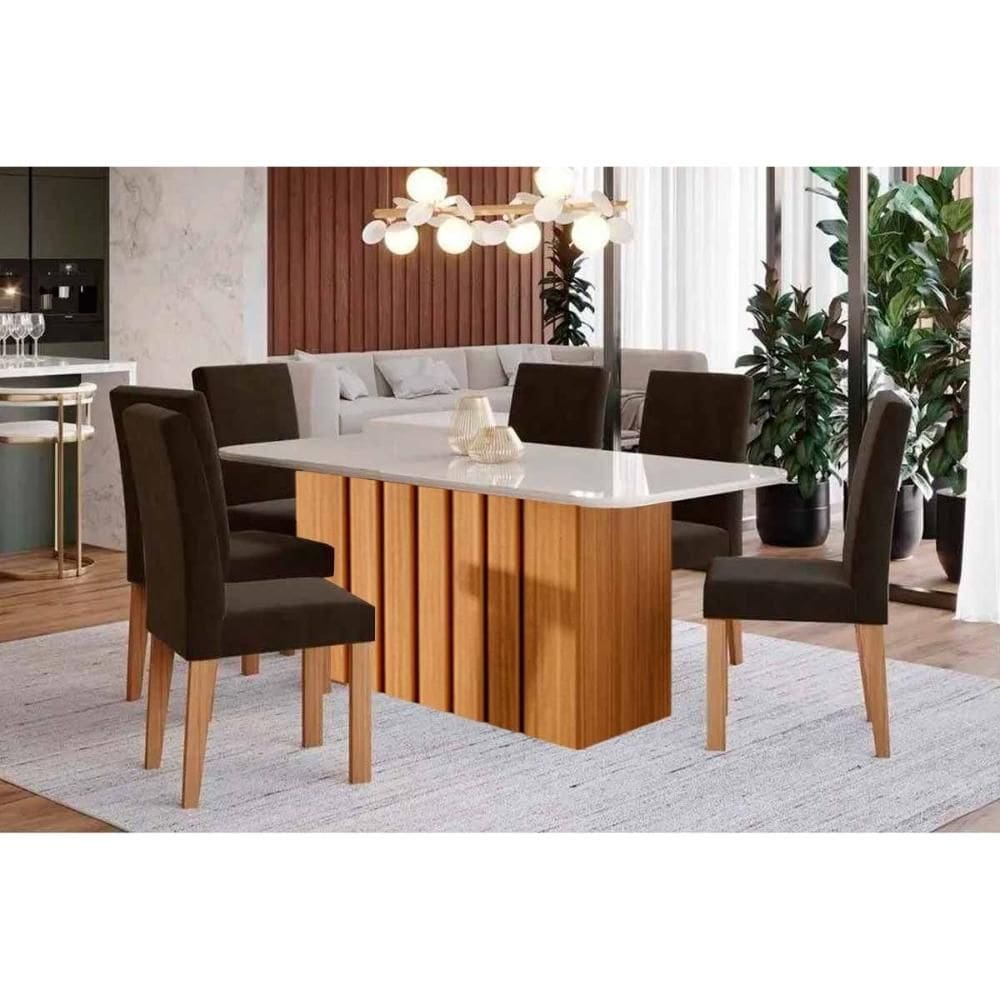 Conjunto: Mesa de Cozinha Ana Tampo Madeirado c/ Vidro 180x90cm e 6 Cadeiras Maia Nature/Off White - Cinamomo/Suede Mascavo Chocolate - Cimol