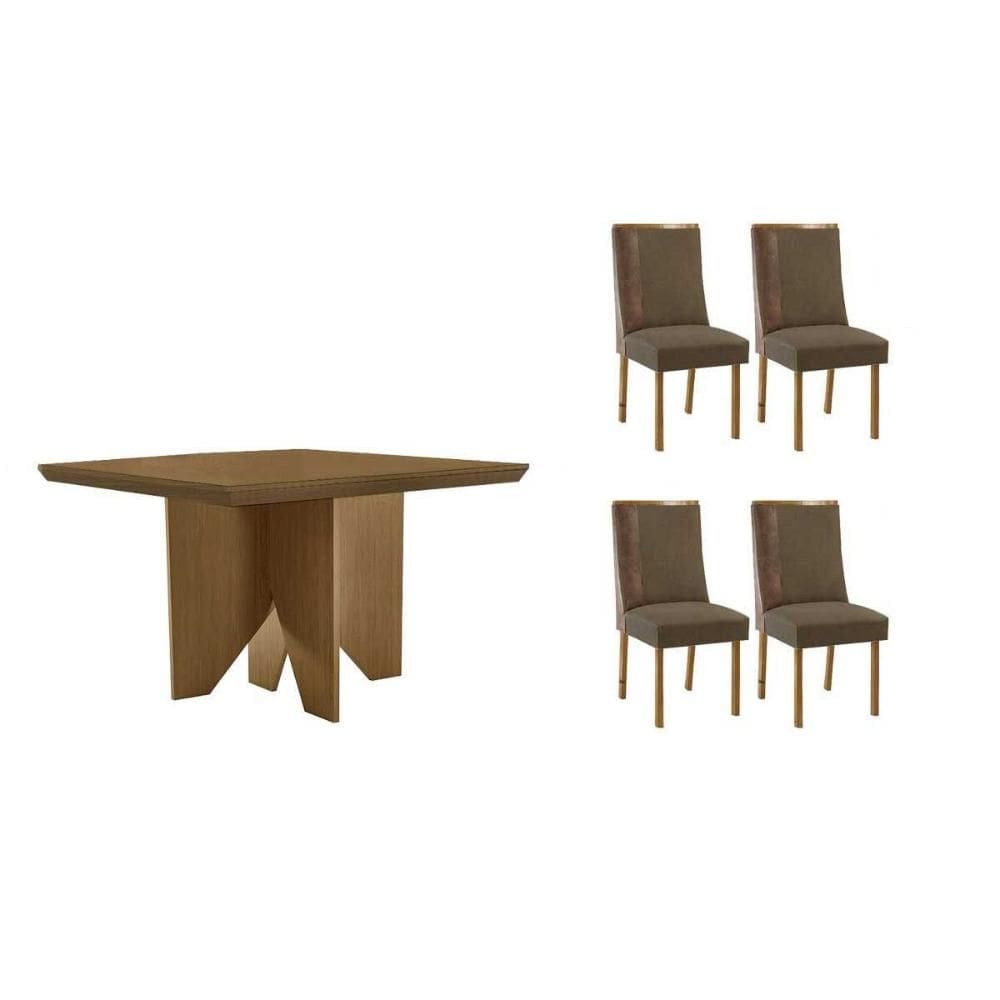 Conjunto: Mesa de Cozinha Nevada c/ Tampo Madeirado Canto Curvo 90x90cm e 4 Cadeiras Tilia Naturale - Suede Capuccino - Rufato