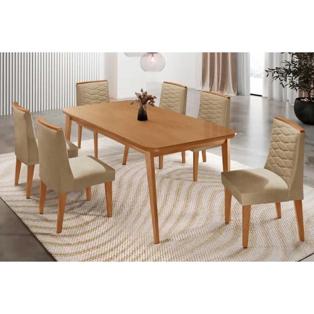 Conjunto: Mesa de Cozinha Havana c/ Tampo Madeirado Canto Curvo 180x90cm e 6 Cadeiras Maldivas Naturale - Linho Bege - Rufato