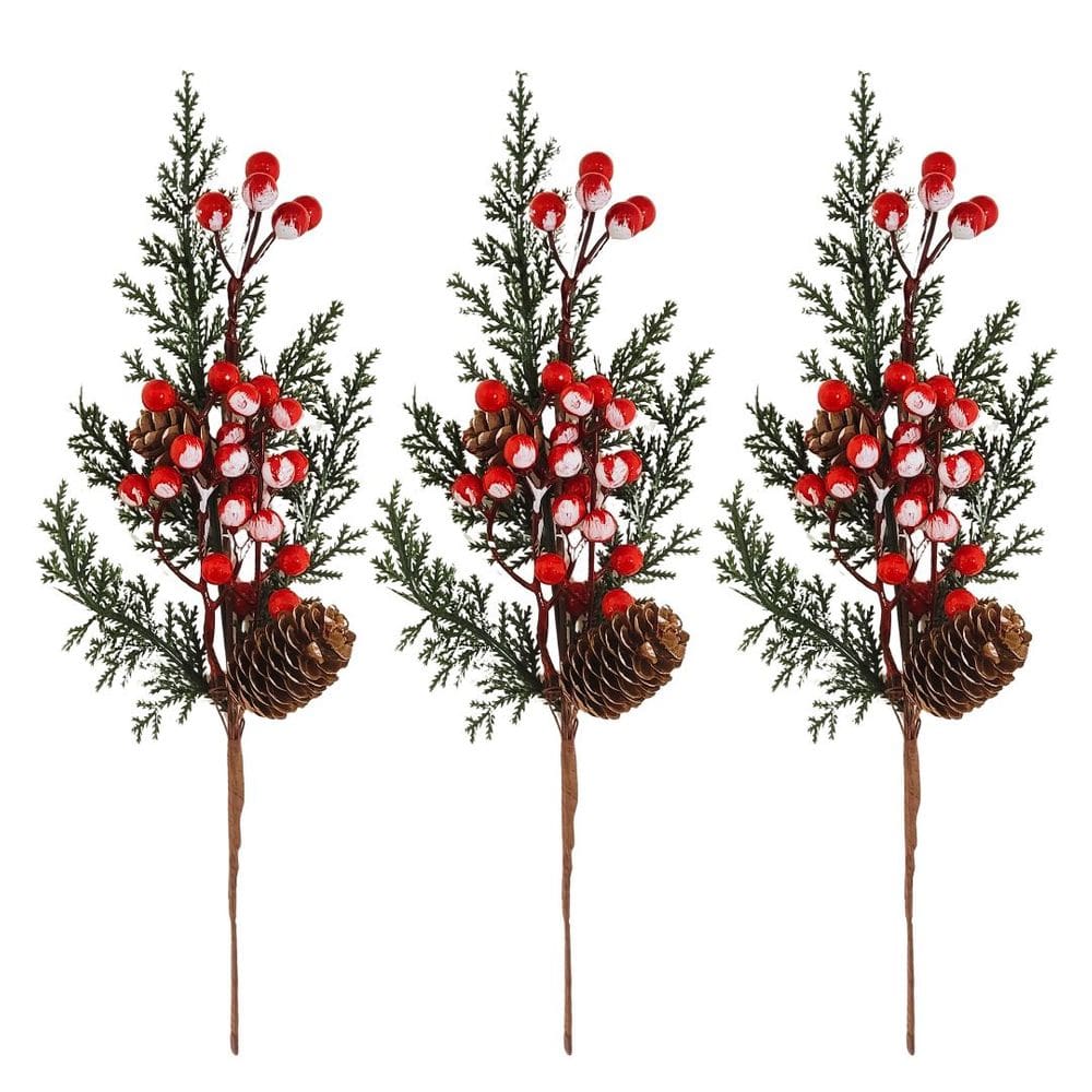 Jogo 3 Galhos Pick Decorativo Natal com Folhagens, Pinhas e Cereja Nevada 30cm