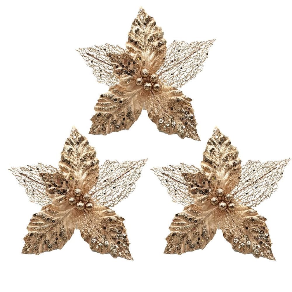 Kit 3 Flores Bico de Papagaio Pick Natal Vazado Veludo Champanhe Luxo Glitter e Lantejoulas 22cm