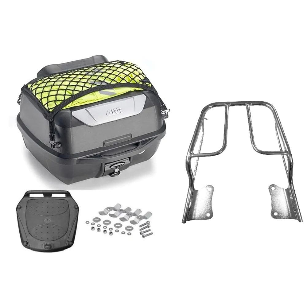 Kit Baú 43L Monolock Adventure Givi E43nbr + Bagageiro Moto Factor 2009 A 2015 Cromado Tubo 3100 Projetil