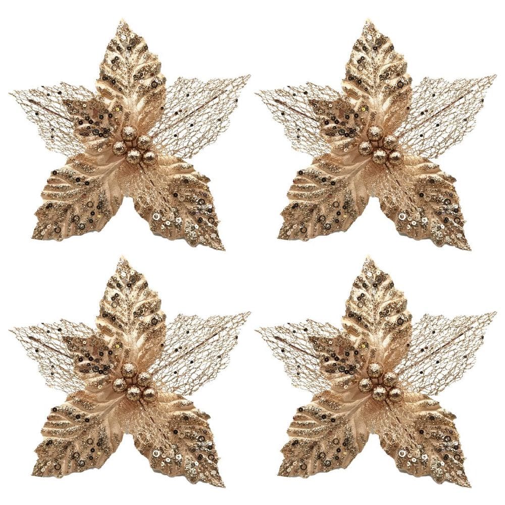 Kit 4 Flores Bico de Papagaio Pick Natal Vazado Veludo Champanhe Luxo Glitter e Lantejoulas 22cm
