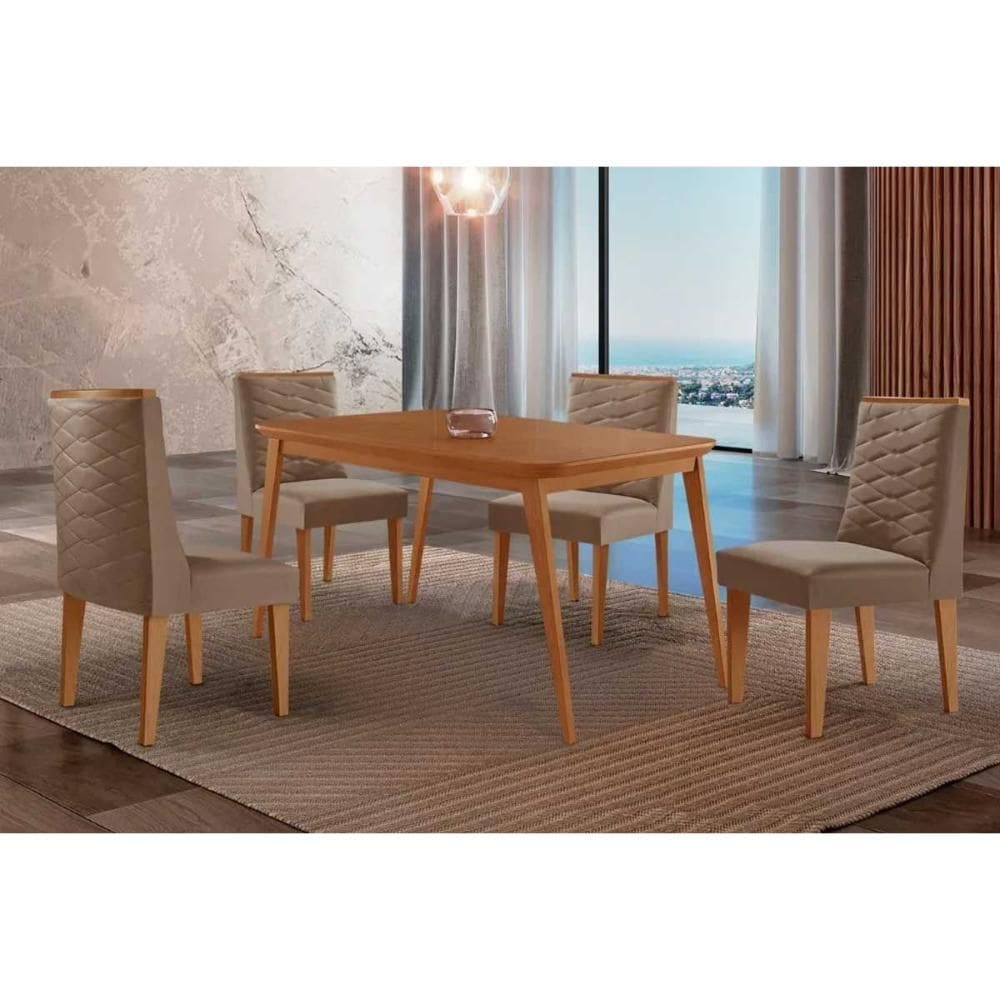 Conjunto: Mesa de Cozinha Havana c/ Tampo Madeirado Canto Curvo 120x80cm e 4 Cadeiras Dafne Naturale - Suede Capuccino - Rufato