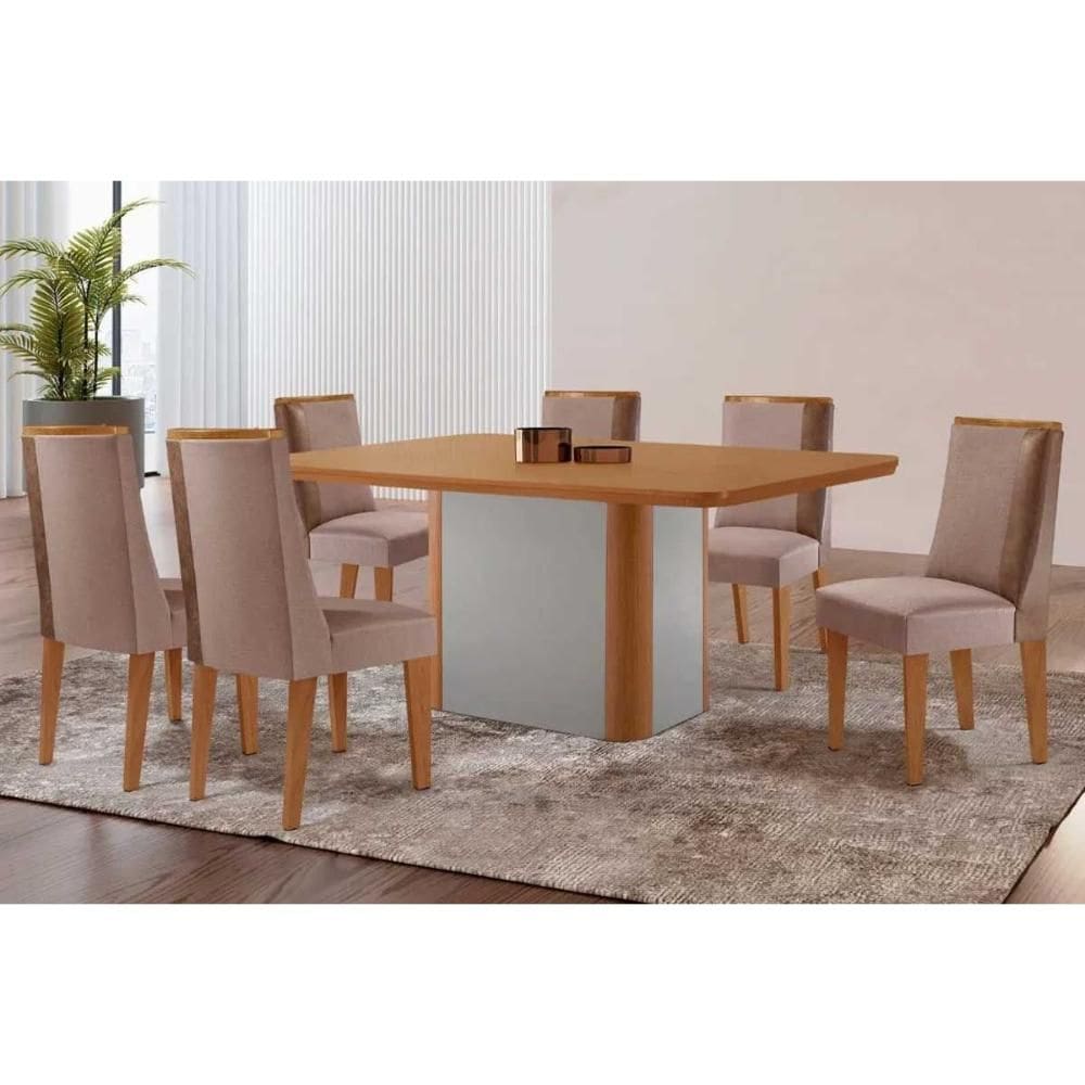Conjunto: Mesa de Cozinha Pietá c/ Tampo Madeirado Canto Curvo 180x90cm e 6 Cadeiras Tilia Naturale/Off White - Linho Capuccino - Rufato