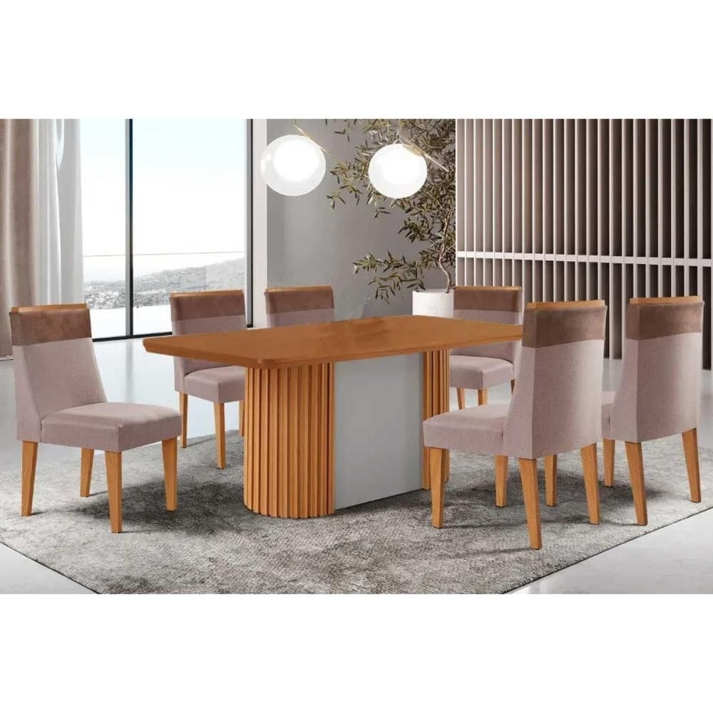 Conjunto: Mesa de Cozinha Pilar c/ Tampo Madeirado Canto Curvo 180x90cm e 6 Cadeiras Jaspe Naturale/Off White - Linho Capuccino - Rufato