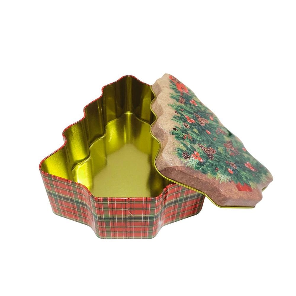 Lata Decorativa Natalina Multiuso Metal com Tampa Formato Árvore de Natal Verde e Vermelho Xadrez 18cm