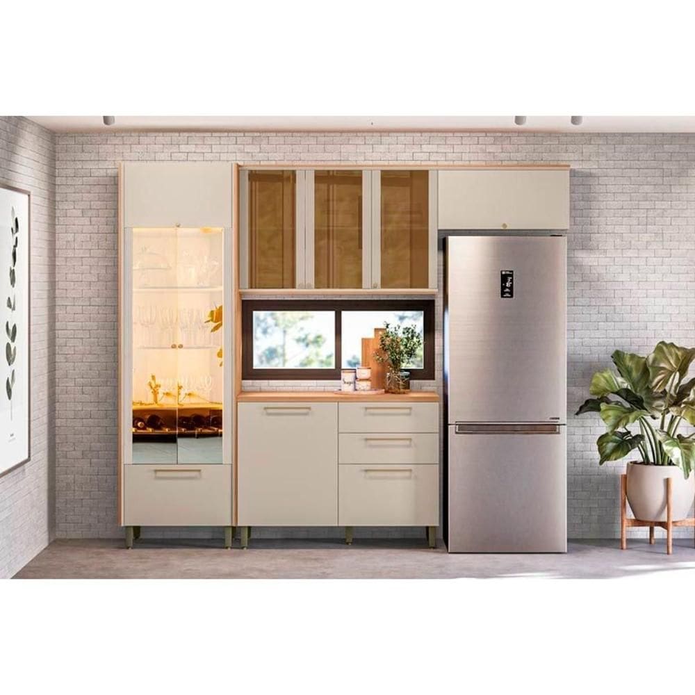 Cozinha Modulada Completa Atena 4 Peças (2Aéreos+1Balcão+1Cristaleira) CP06 Jequitiba/Off White Fosco - Linea Brasil