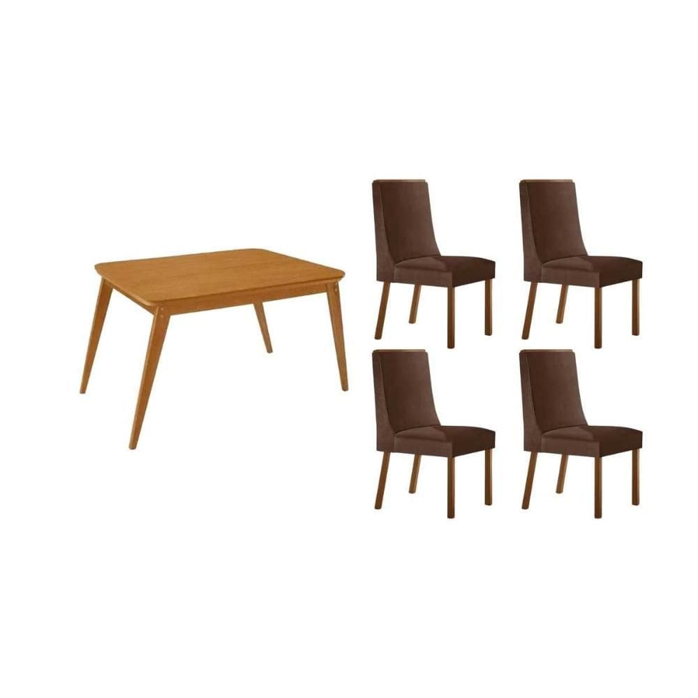 Conjunto: Mesa de Cozinha Havana c/ Tampo Madeirado Canto Curvo 120x80cm e 4 Cadeiras Dakota Naturale - Suede Marrom - Rufato