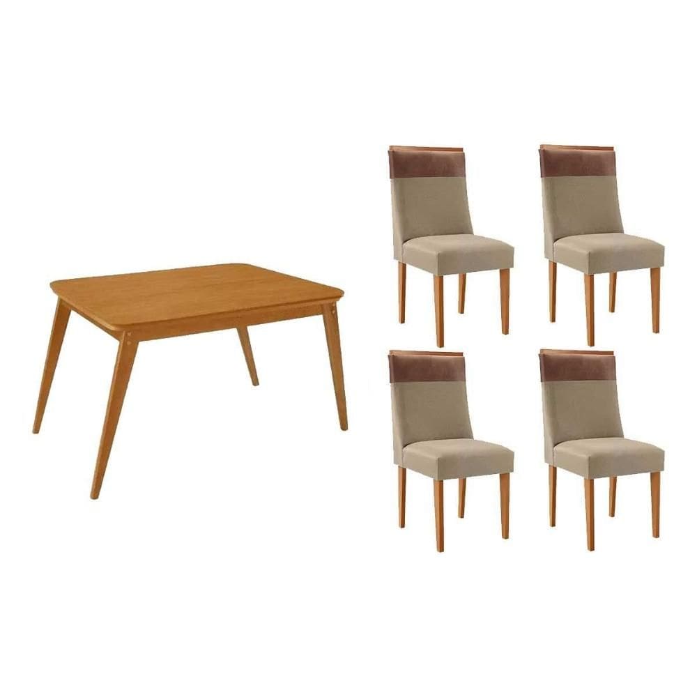Conjunto: Mesa de Cozinha Havana c/ Tampo Madeirado Canto Curvo 120x80cm e 4 Cadeiras Jaspe Naturale - Linho Bege - Rufato