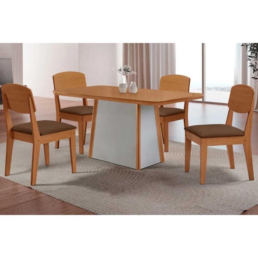 Conjunto: Mesa de Cozinha Tilia c/ Tampo Madeirado Canto Curvo 120x80cm e 4 Cadeiras Havana Naturale/Off White - Suede Marrom - Rufato