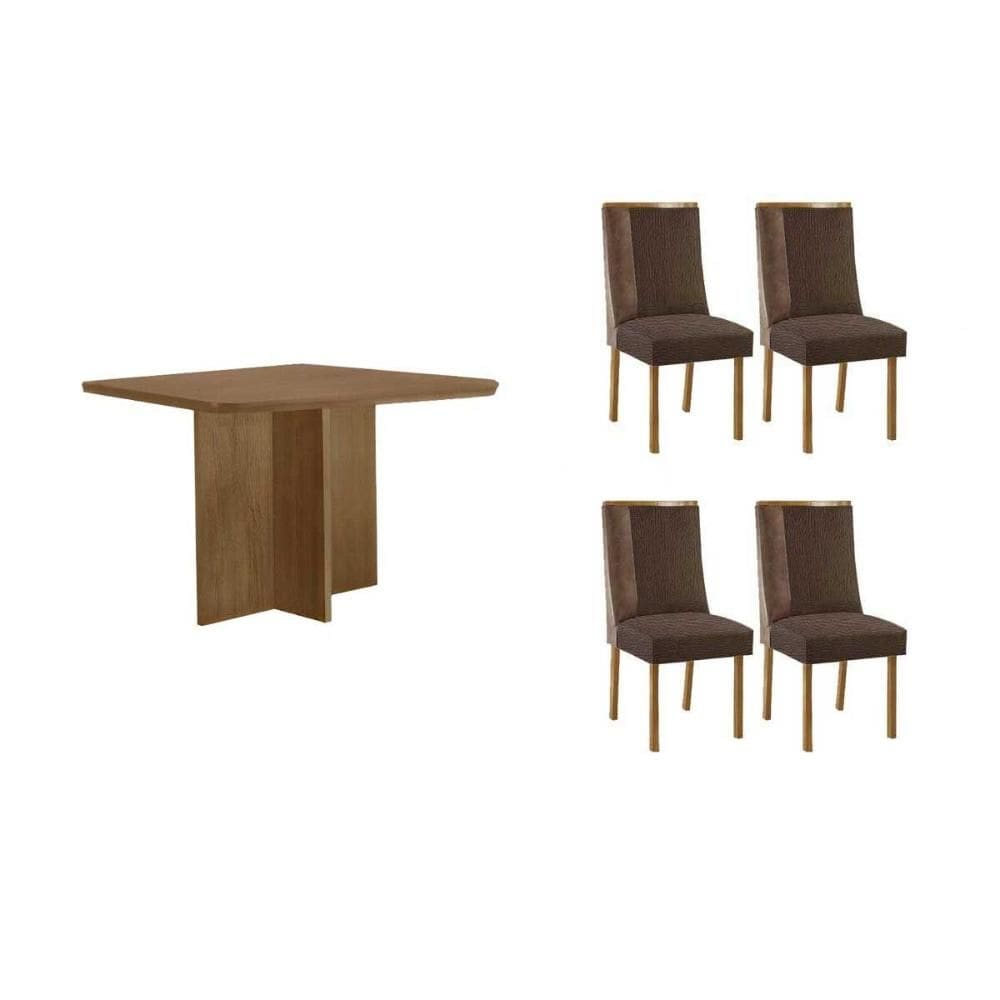 Conjunto: Mesa de Cozinha Berlim c/ Tampo Madeirado Canto Curvo 90x90cm e 4 Cadeiras Tilia Naturale - Suede Marrom - Rufato