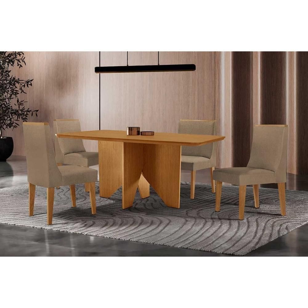 Conjunto: Mesa de Cozinha Nevada c/ Tampo Madeirado Canto Curvo 120x80cm e 4 Cadeiras Dakota Naturale - Suede Capuccino - Rufato