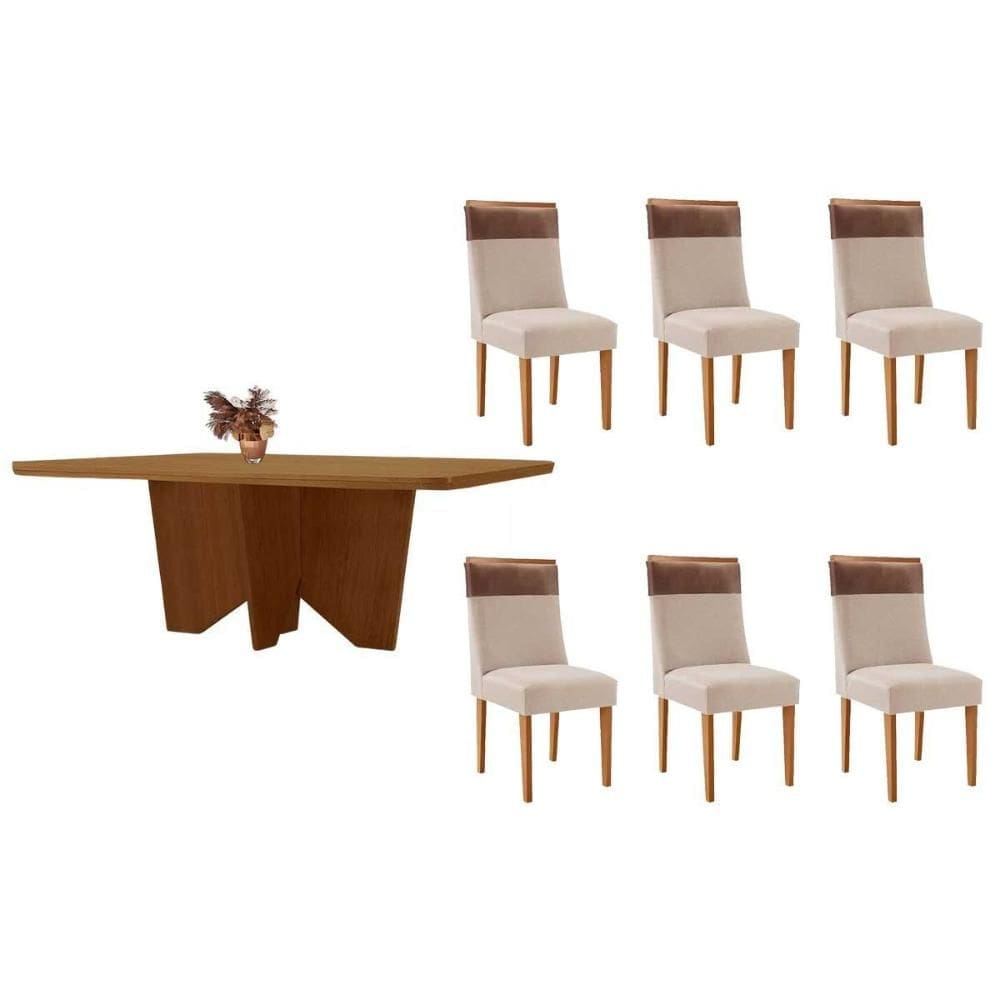 Conjunto: Mesa de Cozinha Nevada c/ Tampo Madeirado Canto Curvo 180x90cm e 6 Cadeiras Jaspe Naturale - Suede Creme - Rufato