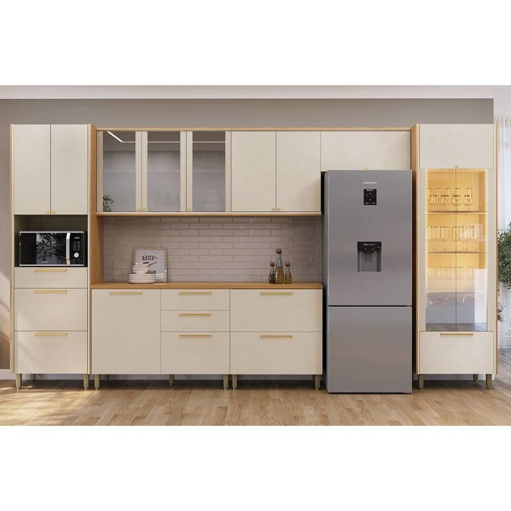 Cozinha Modulada Completa Atena 7 Peças (3Aéreos+2Balcões+1Cristaleira+1Paneleiro) CP01 Jequitiba/Off White Fosco - Linea Brasil