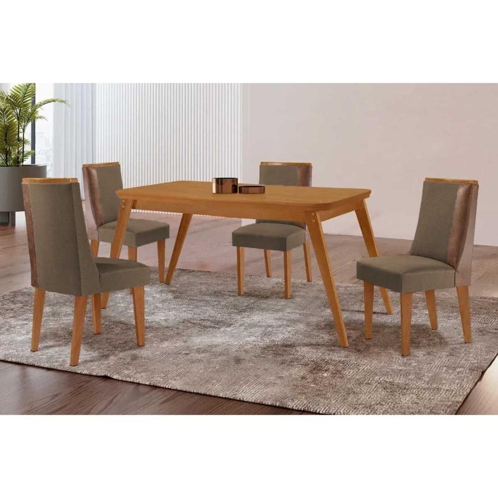 Conjunto: Mesa de Cozinha Havana c/ Tampo Madeirado Canto Curvo 120x80cm e 4 Cadeiras Tilia Naturale - Suede Capuccino - Rufato