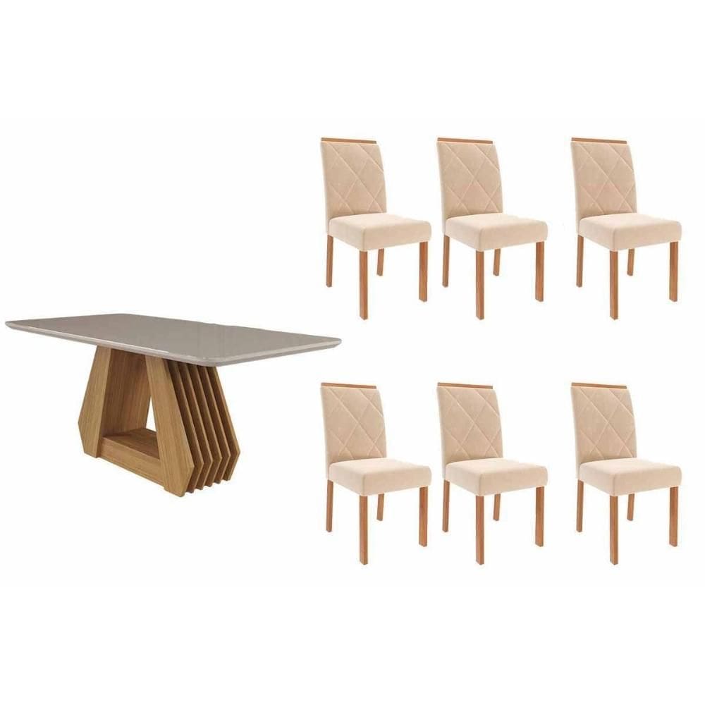 Conjunto: Mesa de Cozinha Ágata Tampo Madeirado c/ Vidro 180x90cm e 6 Cadeiras Fernanda Nature/Off White - Carvalho/Suede Nude Bege - Cimol