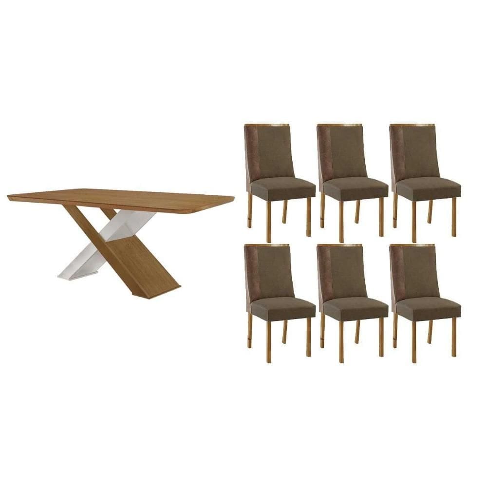 Conjunto: Mesa de Cozinha Imperatriz c/ Tampo Madeirado Canto Curvo 180x90cm e 6 Cadeiras Tilia Naturale/Off White - Suede Capuccino - Rufato