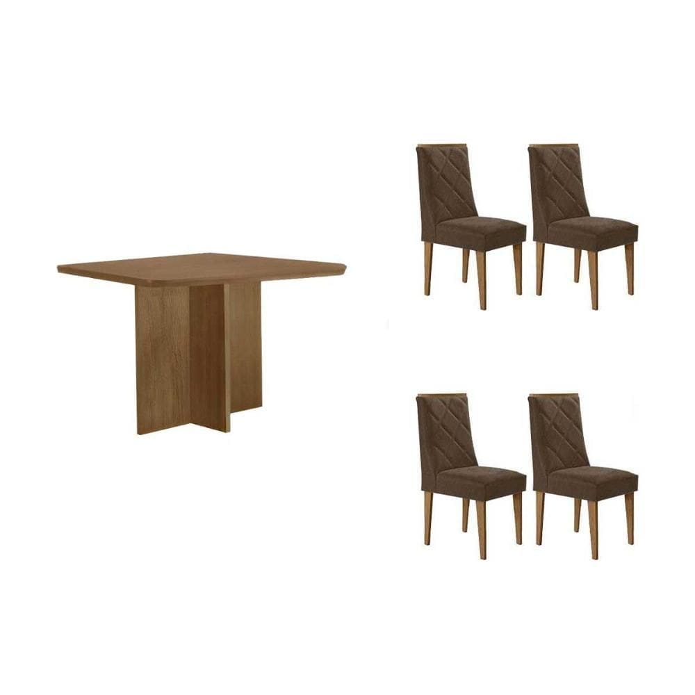Conjunto: Mesa de Cozinha Berlim c/ Tampo Madeirado Canto Curvo 90x90cm e 4 Cadeiras Pietá Naturale - Linho Capuccino - Rufato
