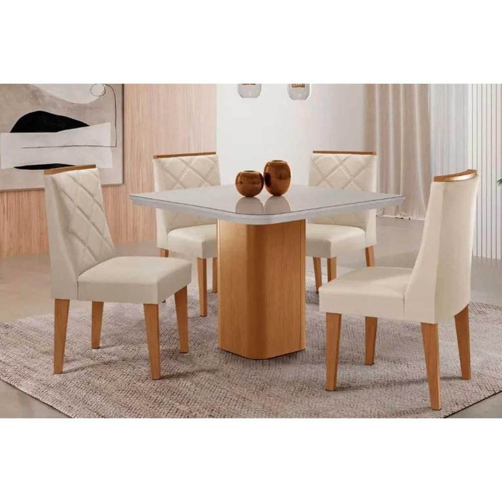 Conjunto: Mesa de Cozinha Maldivas c/ Tampo Madeirado c/ Vidro Canto Curvo 90x90cm e 4 Cadeiras Pietá Naturale/Off White - Suede Creme - Rufato