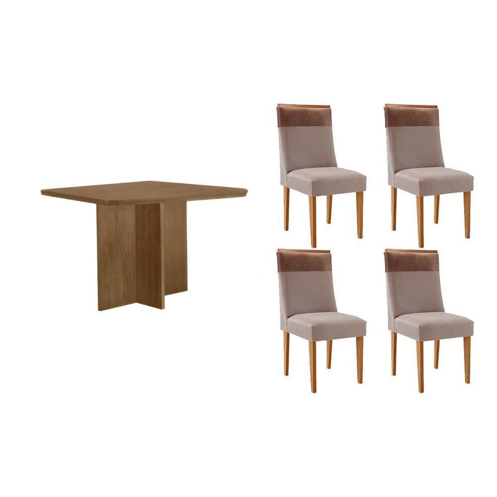Conjunto: Mesa de Cozinha Berlim c/ Tampo Madeirado Canto Curvo 90x90cm e 4 Cadeiras Jaspe Naturale - Linho Capuccino - Rufato
