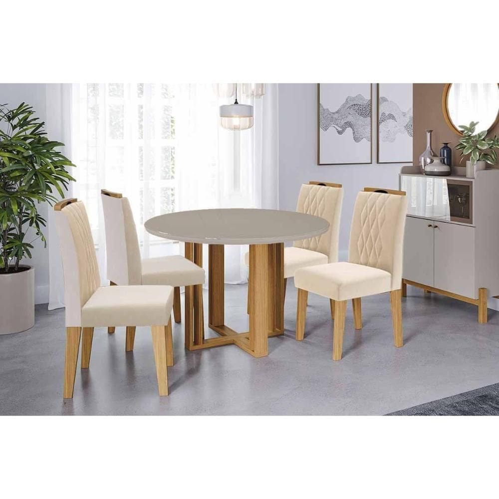 Conjunto: Mesa Sala Jantar Flora Tampo Madeirado c/ Vidro 109cm e 4 Cadeiras Juliana Cinamomo/Off White - Carvalho/Suede Nude Bege - Cimol