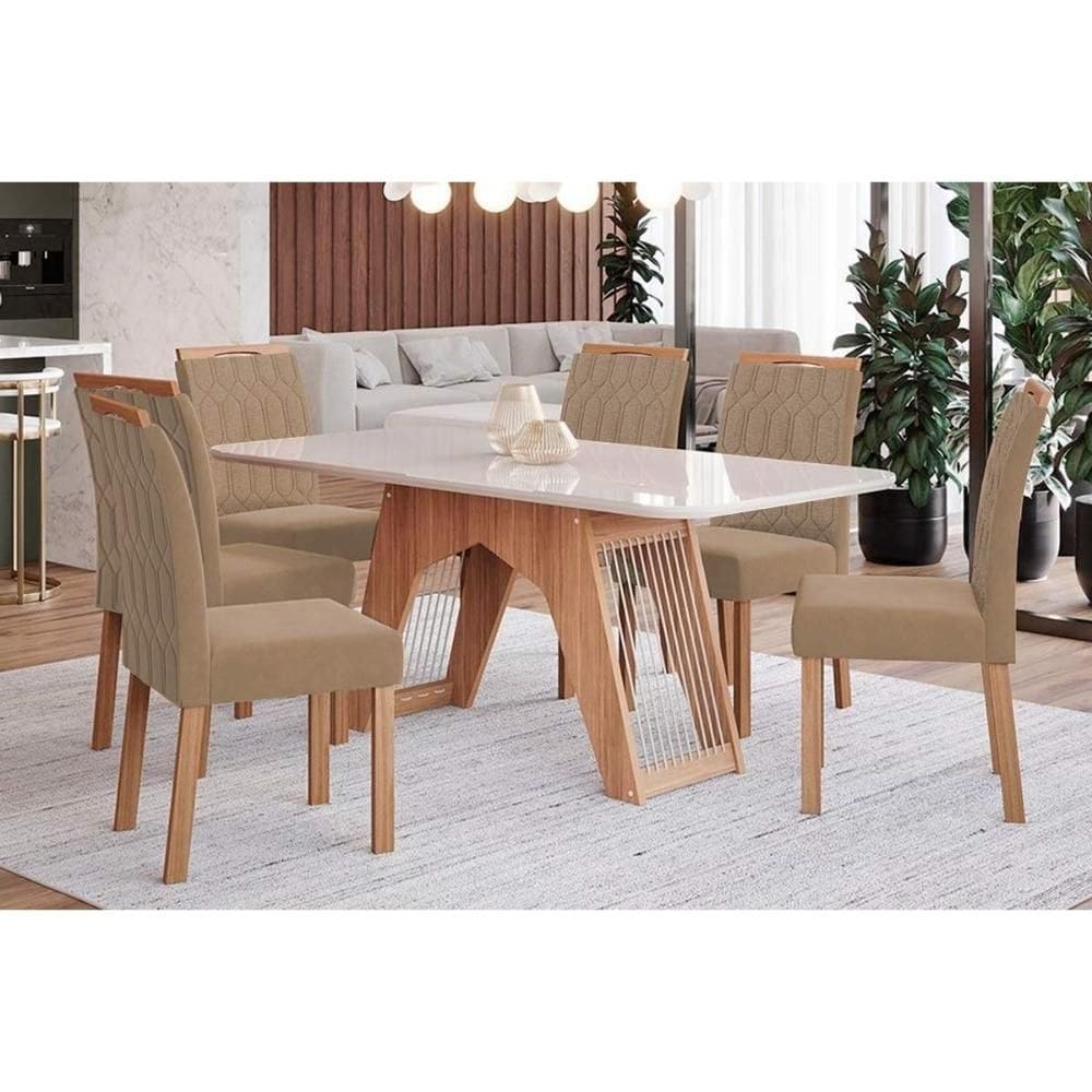 Conjunto: Mesa de Cozinha Carol Tampo Madeirado c/ Vidro 180x90cm e 6 Cadeiras Paola Nature/Suede Joli Chocolate - Cimol