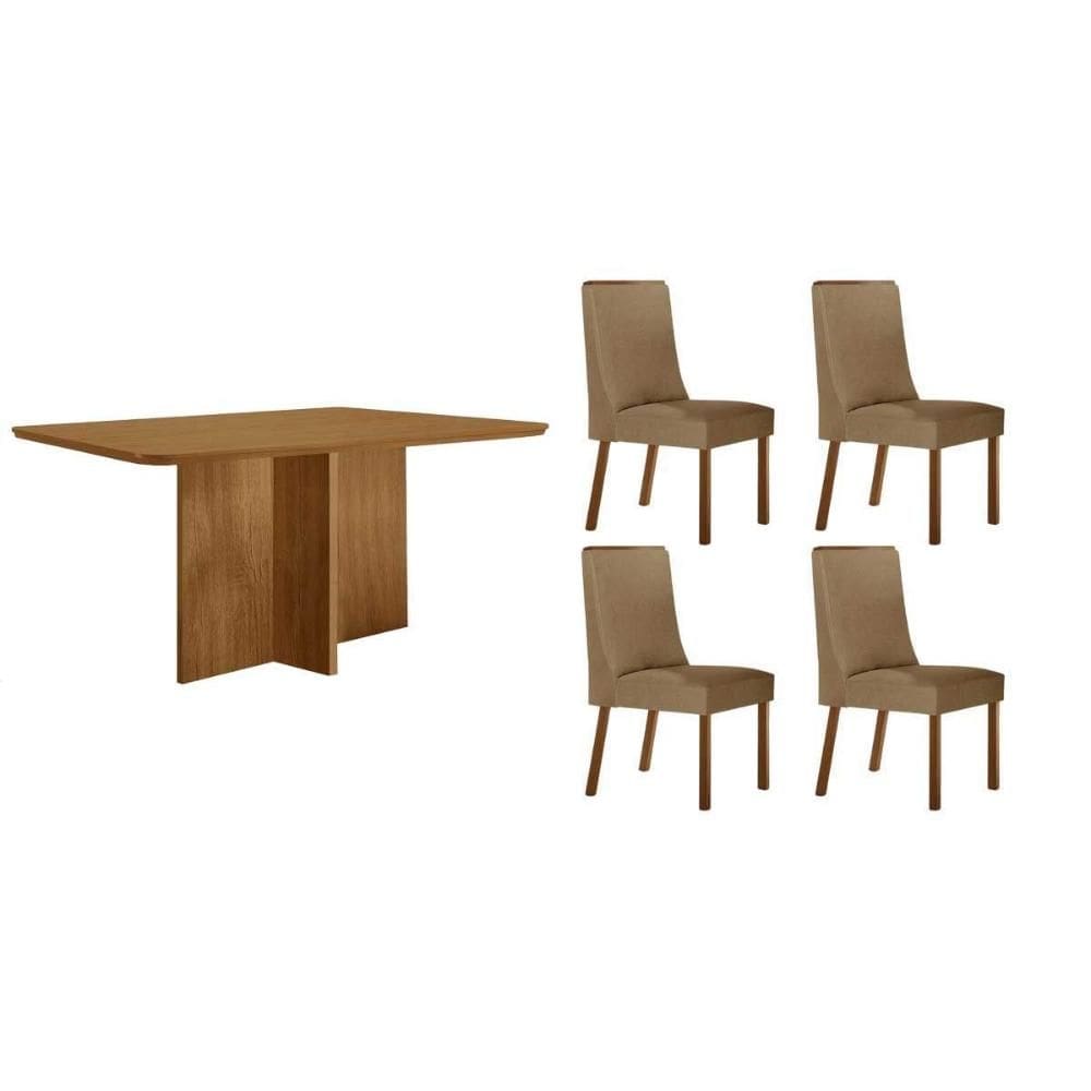 Conjunto: Mesa de Cozinha Berlim c/ Tampo Madeirado Canto Curvo 120x80cm e 4 Cadeiras Dakota Naturale - Linho Bege - Rufato