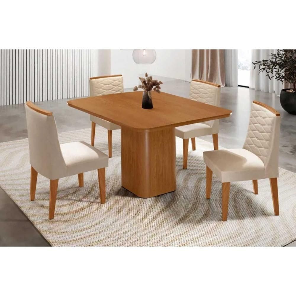 Conjunto: Mesa de Cozinha Maldivas c/ Tampo Madeirado Canto Curvo 90x90cm e 4 Cadeiras Maldivas Naturale - Suede Creme - Rufato