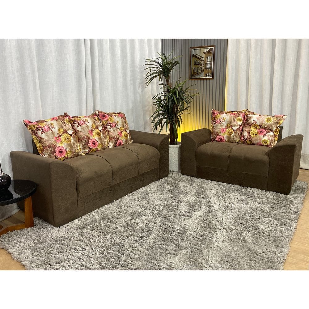 Sofá 2 e 3 Lugares Marrom com Floral 603/66 Porto