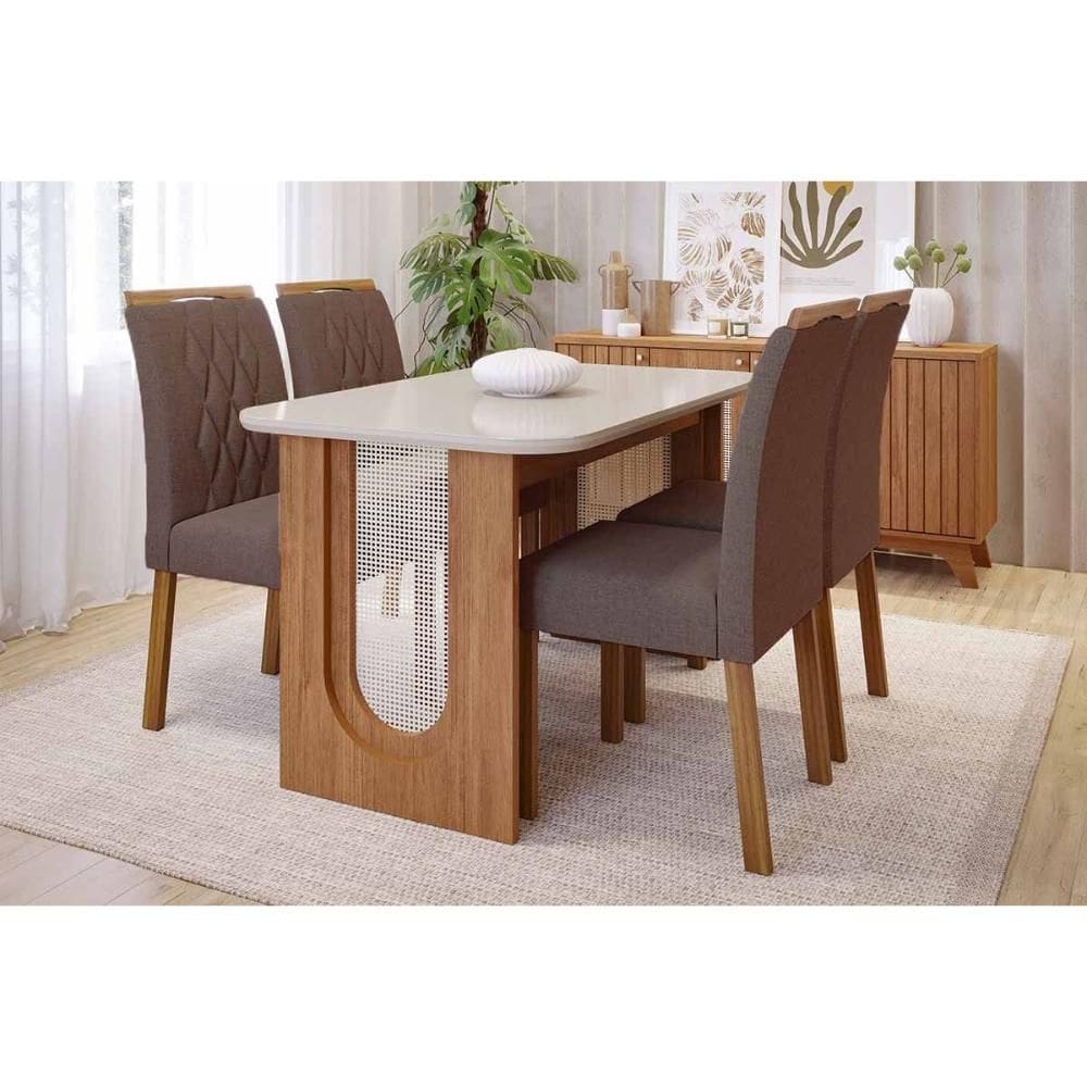 Conjunto: Mesa de Cozinha Valentina Tampo Madeirado c/ Vidro 130x80cm e 4 Cadeiras Juliana Cinamomo/Off White - Carvalho/Suede Joli Capuccino - Cimol