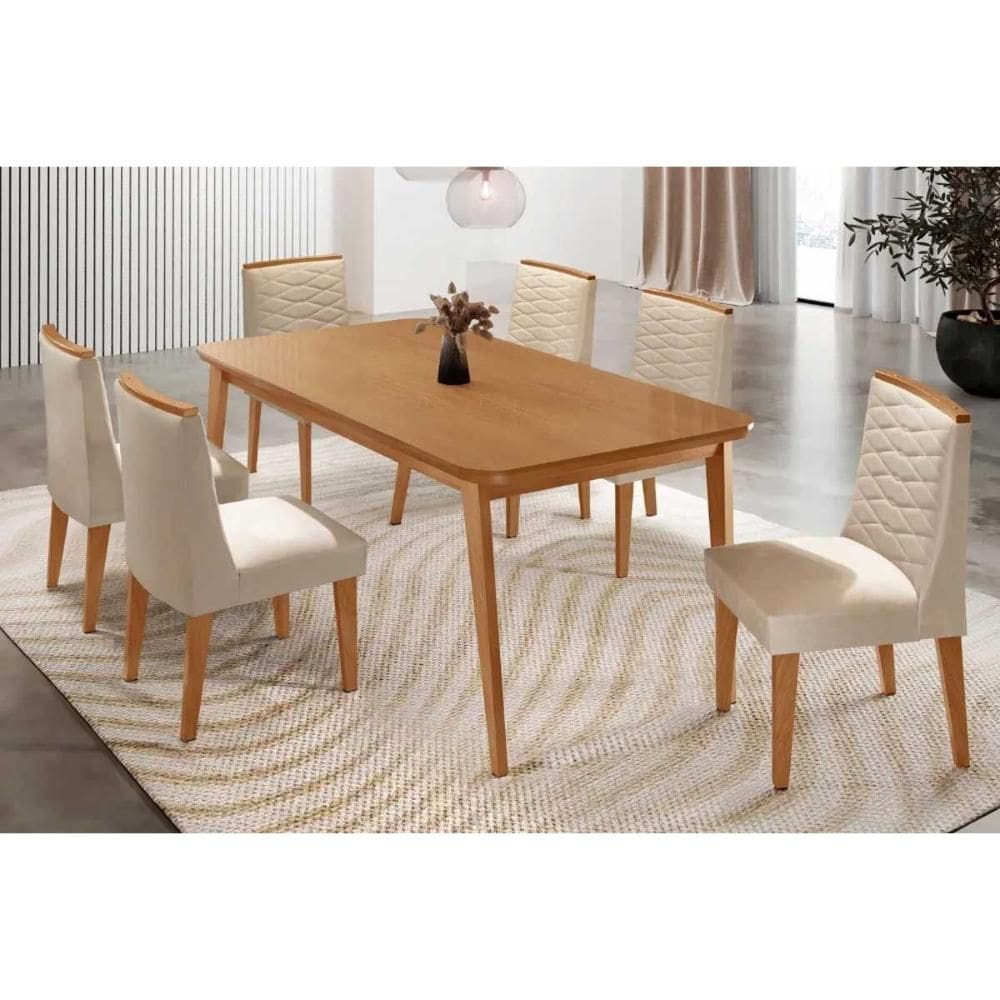 Conjunto: Mesa de Cozinha Havana c/ Tampo Madeirado Canto Curvo 180x90cm e 6 Cadeiras Maldivas Naturale - Suede Creme - Rufato