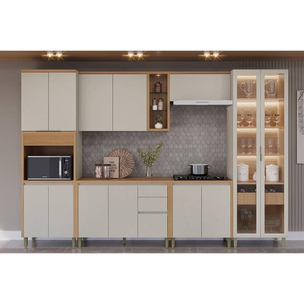 Cozinha Modulada Completa Allure 6 Peças (2Aéreos+2Balcões+1Cristaleira+1Paneleiro) CP07 Jequitiba/Gris Fosco - Linea Brasil