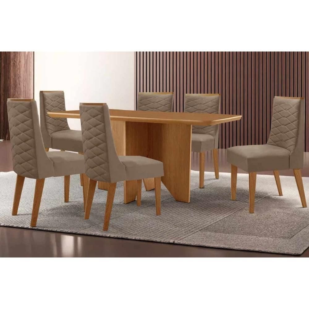 Conjunto: Mesa de Cozinha Nevada c/ Tampo Madeirado Canto Curvo 180x90cm e 6 Cadeiras Dafne Naturale - Suede Capuccino - Rufato