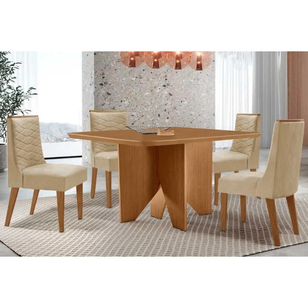 Conjunto: Mesa de Cozinha Nevada c/ Tampo Madeirado Canto Curvo 90x90cm e 4 Cadeiras Maldivas Naturale - Suede Creme - Rufato