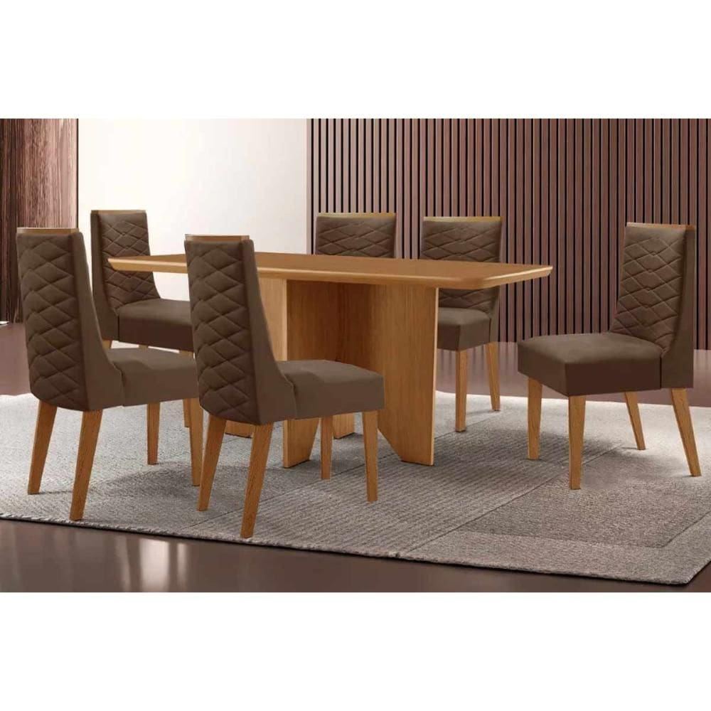 Conjunto: Mesa de Cozinha Nevada c/ Tampo Madeirado Canto Curvo 180x90cm e 6 Cadeiras Dafne Naturale - Suede Marrom - Rufato