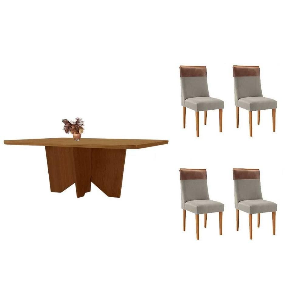 Conjunto: Mesa de Cozinha Nevada c/ Tampo Madeirado Canto Curvo 120x80cm e 4 Cadeiras Jaspe Naturale - Suede Capuccino - Rufato