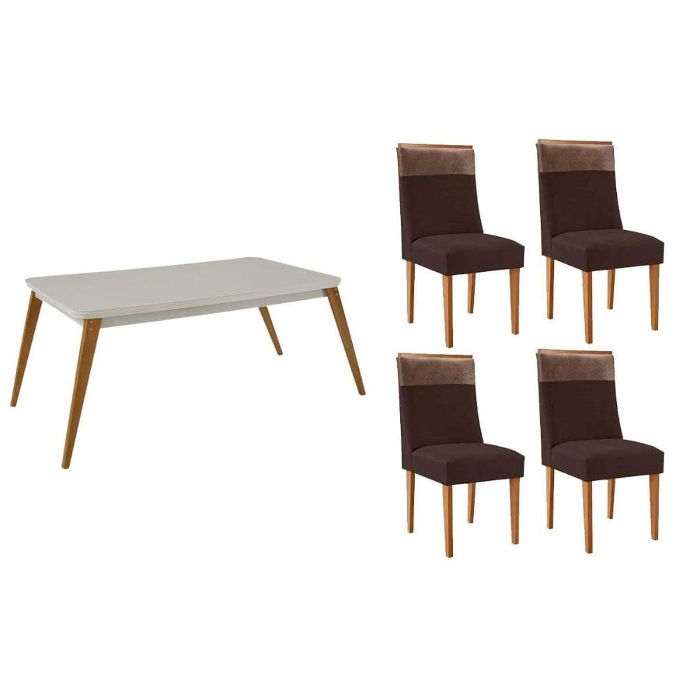 Conjunto: Mesa de Cozinha Havana c/ Tampo Madeirado c/ Vidro Canto Curvo 120x80cm e 4 Cadeiras Jaspe Naturale/Off White - Suede Marrom - Rufato