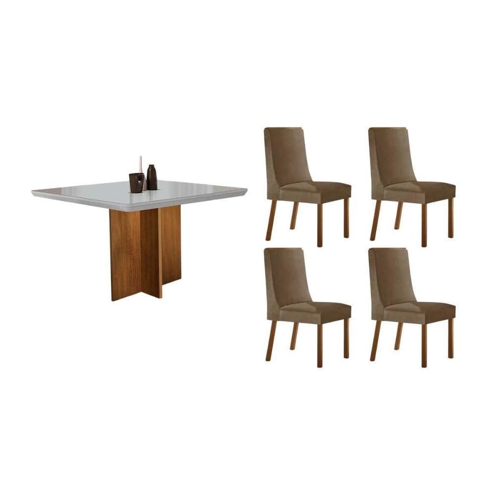 Conjunto: Mesa de Cozinha Berlim c/ Tampo Madeirado c/ Vidro Canto Curvo 90x90cm e 4 Cadeiras Dakota Naturale/Off White - Suede Capuccino - Rufato