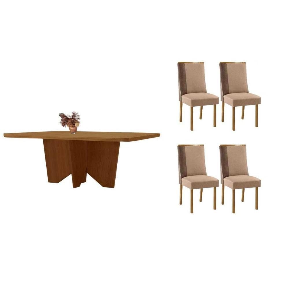 Conjunto: Mesa de Cozinha Nevada c/ Tampo Madeirado Canto Curvo 120x80cm e 4 Cadeiras Tilia Naturale - Linho Capuccino - Rufato