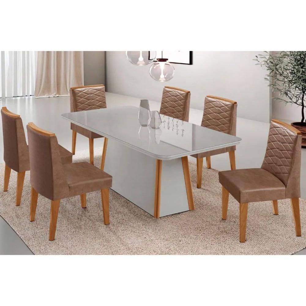 Conjunto: Mesa de Cozinha Tilia c/ Tampo Madeirado c/ Vidro Canto Curvo 180x90cm e 6 Cadeiras Maldivas Naturale/Off White - Corano Capuccino - Rufato