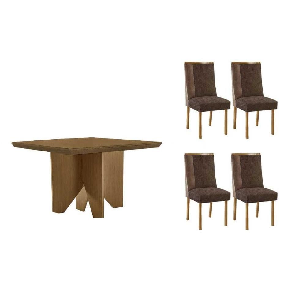 Conjunto: Mesa de Cozinha Nevada c/ Tampo Madeirado Canto Curvo 90x90cm e 4 Cadeiras Tilia Naturale - Suede Marrom - Rufato