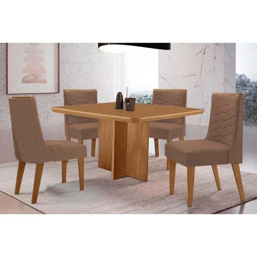 Conjunto: Mesa de Cozinha Berlim c/ Tampo Madeirado Canto Curvo 90x90cm e 4 Cadeiras Maldivas Naturale - Corano Capuccino - Rufato