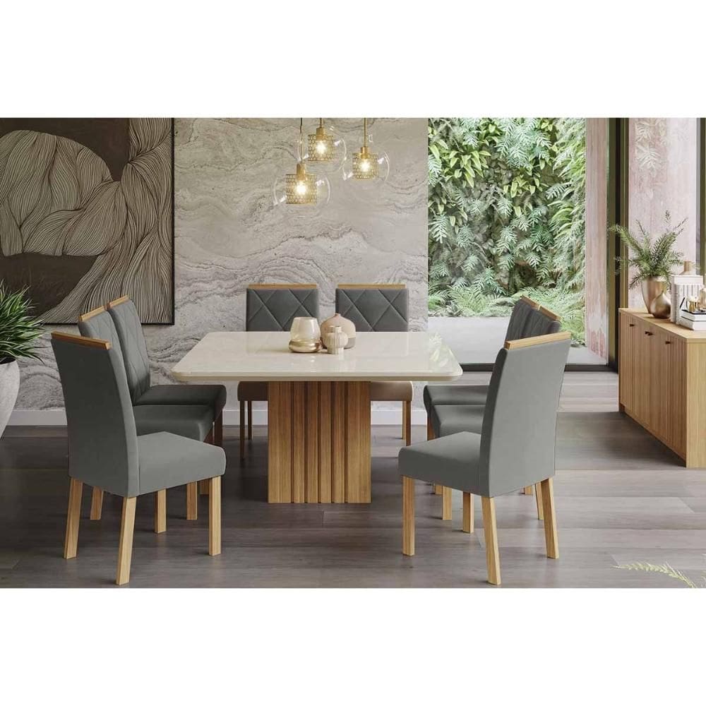 Conjunto: Mesa Sala Jantar Ana Tampo Madeirado c/ Vidro 130x130cm e 8 Cadeiras Fernanda Cinamomo/Off White - Carvalho/Linho Grafite - Cimol