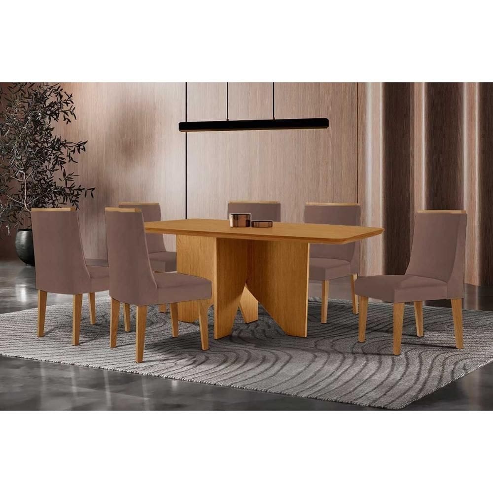 Conjunto: Mesa de Cozinha Nevada c/ Tampo Madeirado Canto Curvo 180x90cm e 6 Cadeiras Dakota Naturale - Linho Capuccino - Rufato