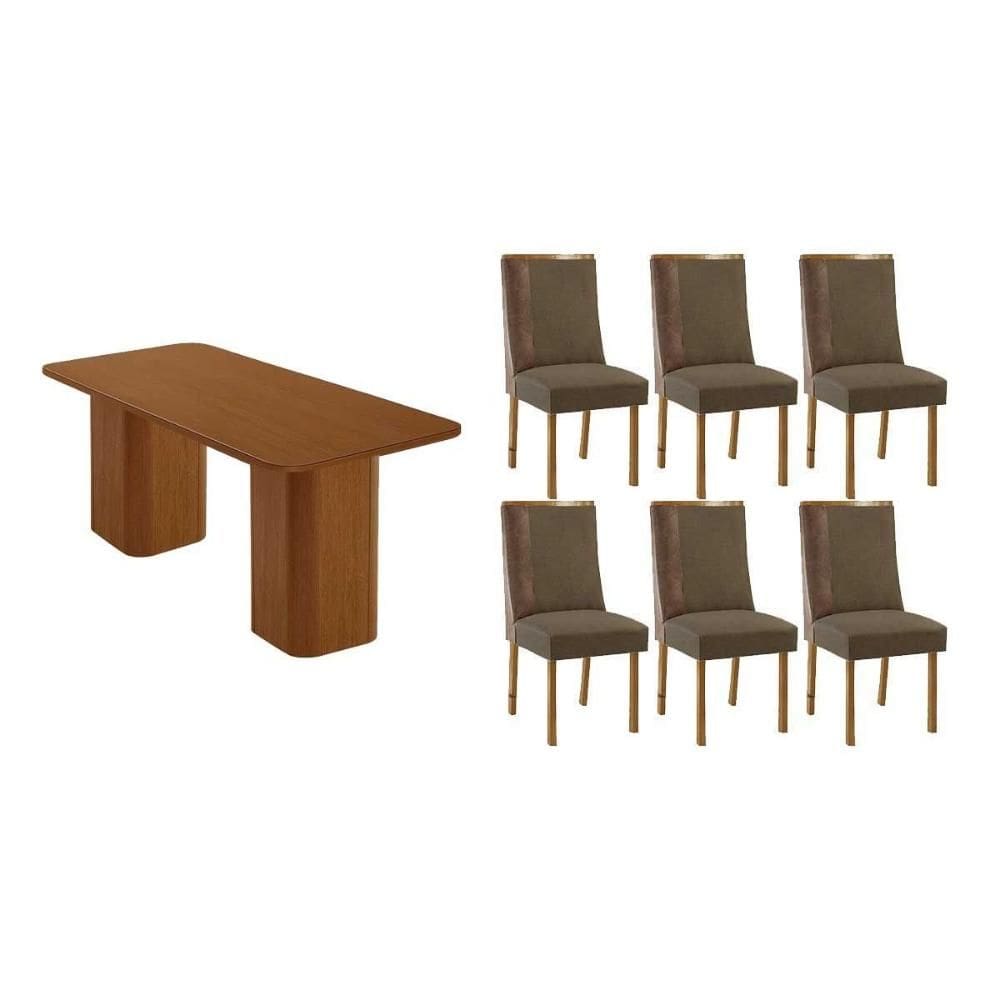 Conjunto: Mesa de Cozinha Maldivas c/ Tampo Madeirado Canto Curvo 180x90cm e 6 Cadeiras Tilia Naturale - Suede Capuccino - Rufato