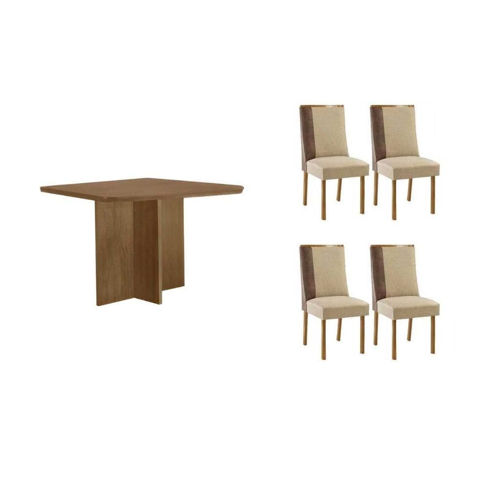 Conjunto: Mesa de Cozinha Berlim c/ Tampo Madeirado Canto Curvo 90x90cm e 4 Cadeiras Tilia Naturale - Linho Bege - Rufato